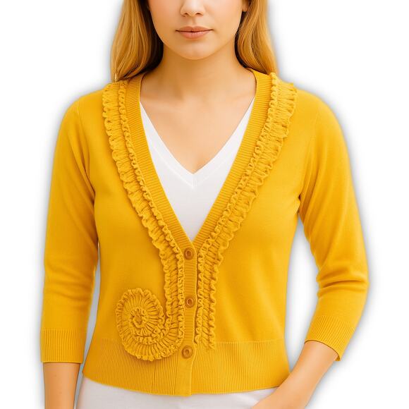 Sparrow Cardigan Womens XS Yellow Gold Ruffle Cotton Button Front Knit - Picture 10 of 10